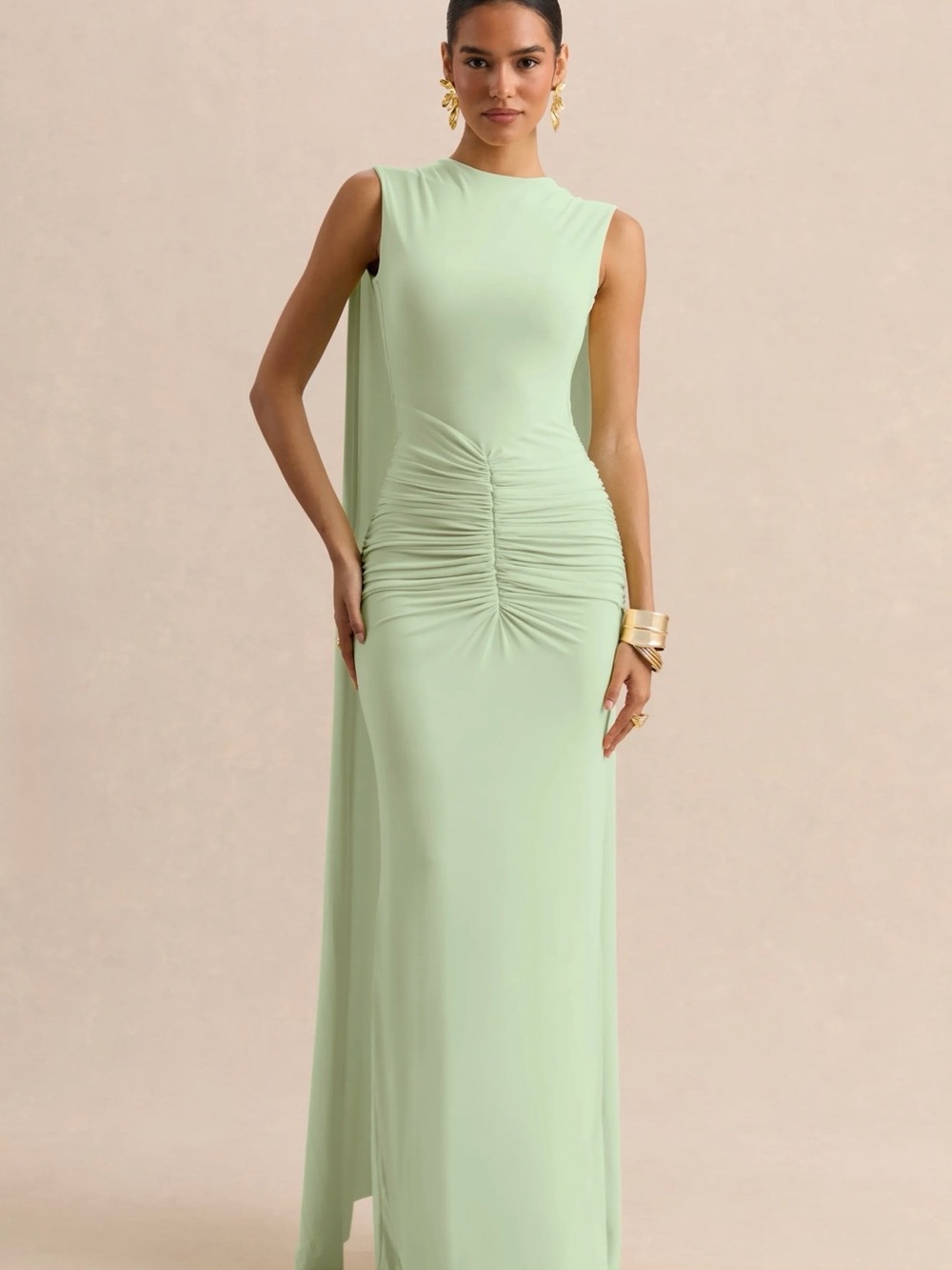 NWT Club L London Premiere Mint Cape Sleeve Open Back Maxi Dress US 2